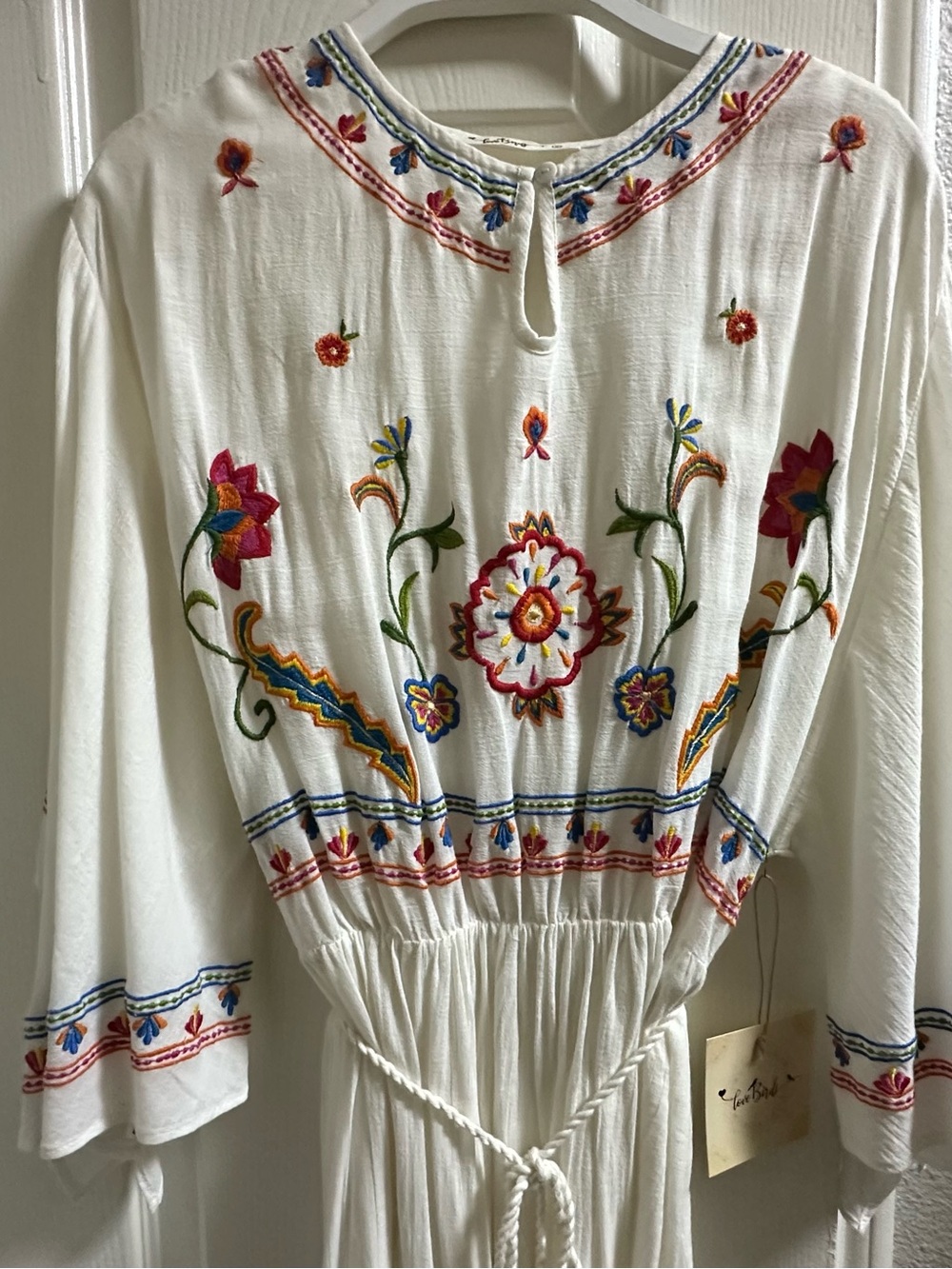 LoveBirds, boutique brand. White Embroidered Boho Maxi Dress with Floral